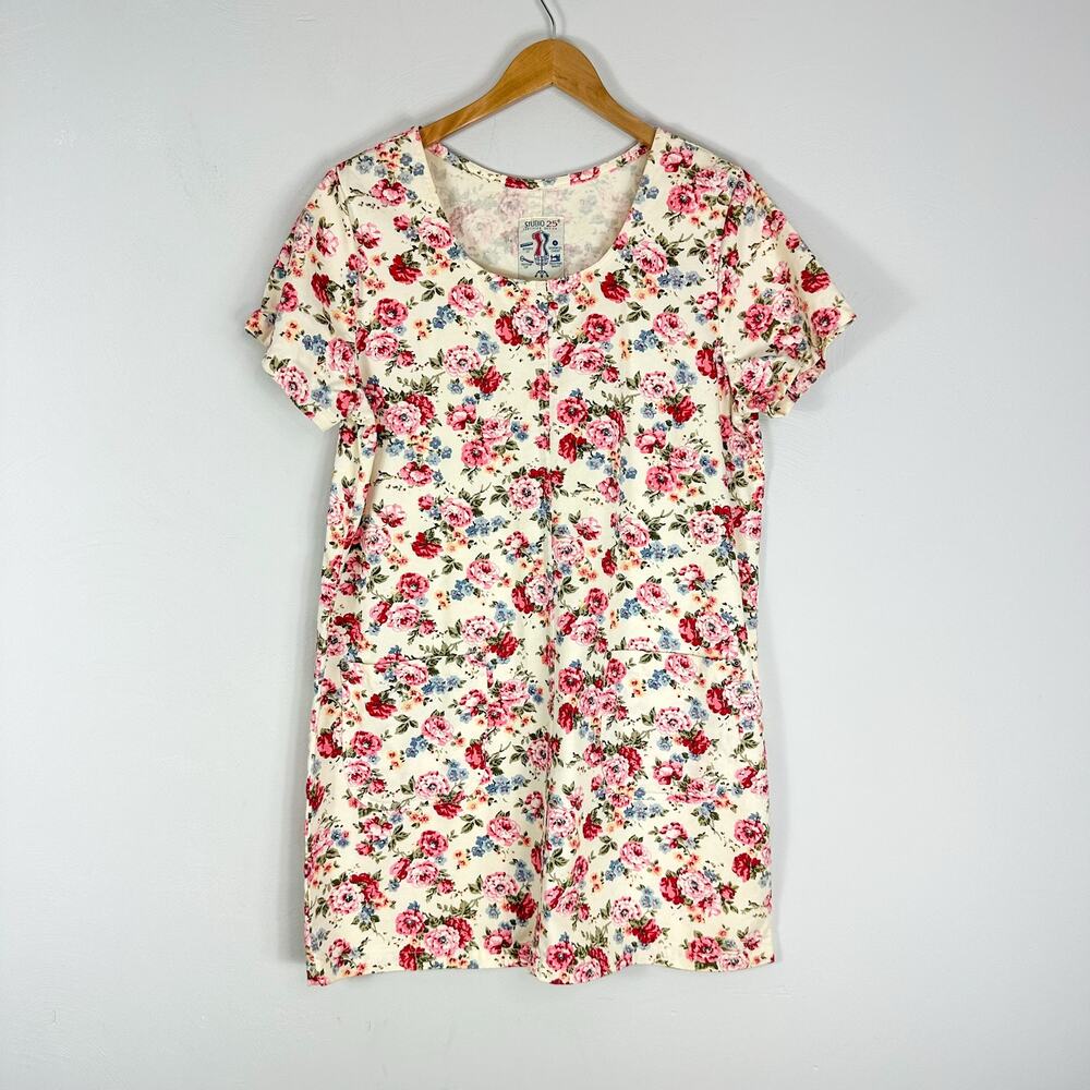 Studio 25 Vintage 1990s 100% Cotton Cream Floral Short Sleeve Shift Dress